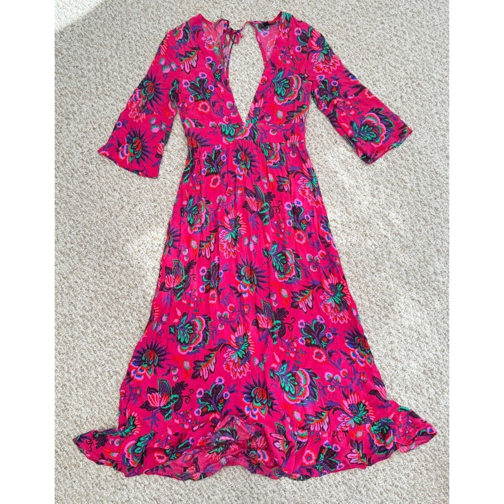 Topshop Dress Women Sz 2 Tropical Floral Open Back Bell Sleeve Fuschia‎
